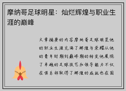 摩纳哥足球明星：灿烂辉煌与职业生涯的巅峰